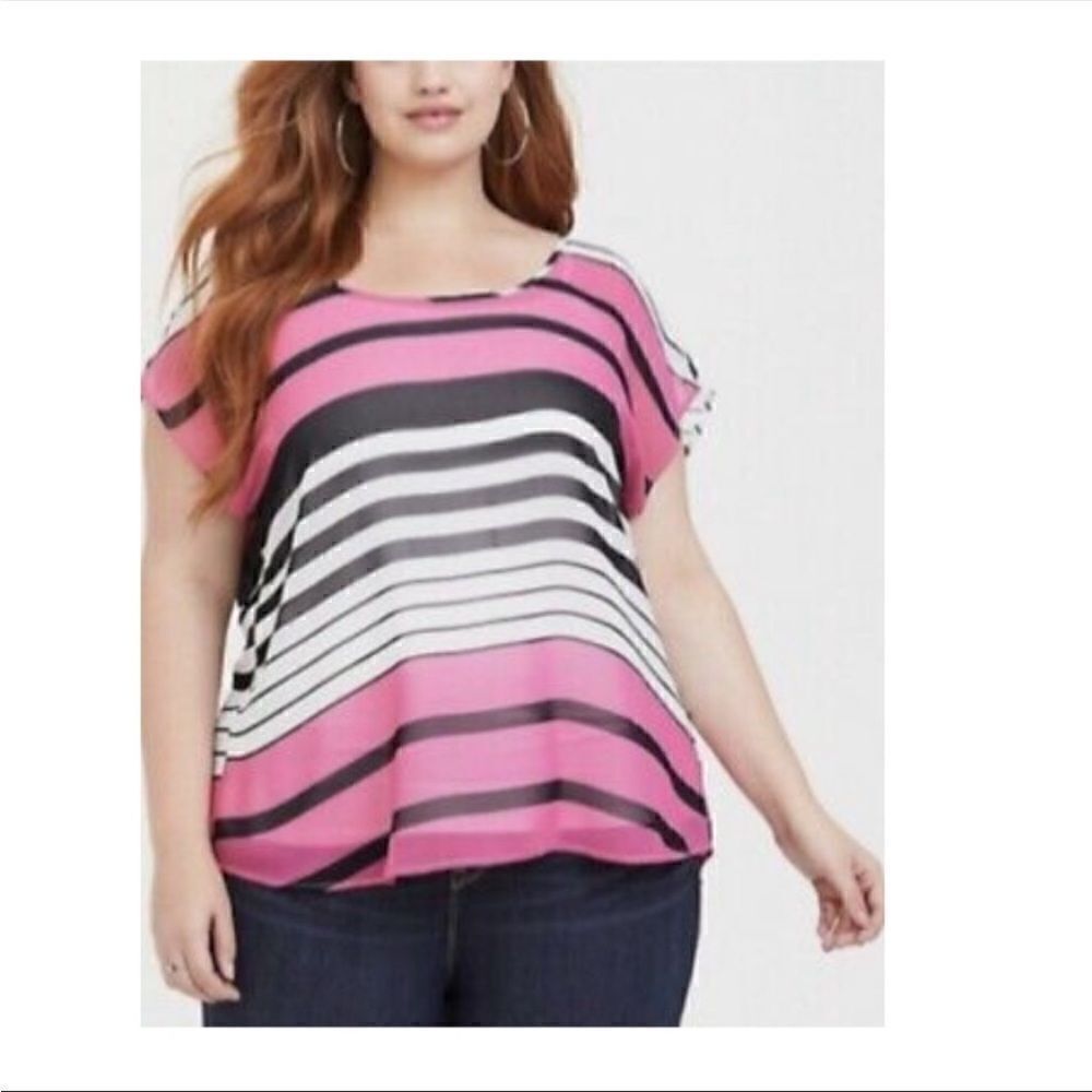 Torrid 0 Striped Blouse Pink/coral Sheer Button Back Top - Picture 2 of 10